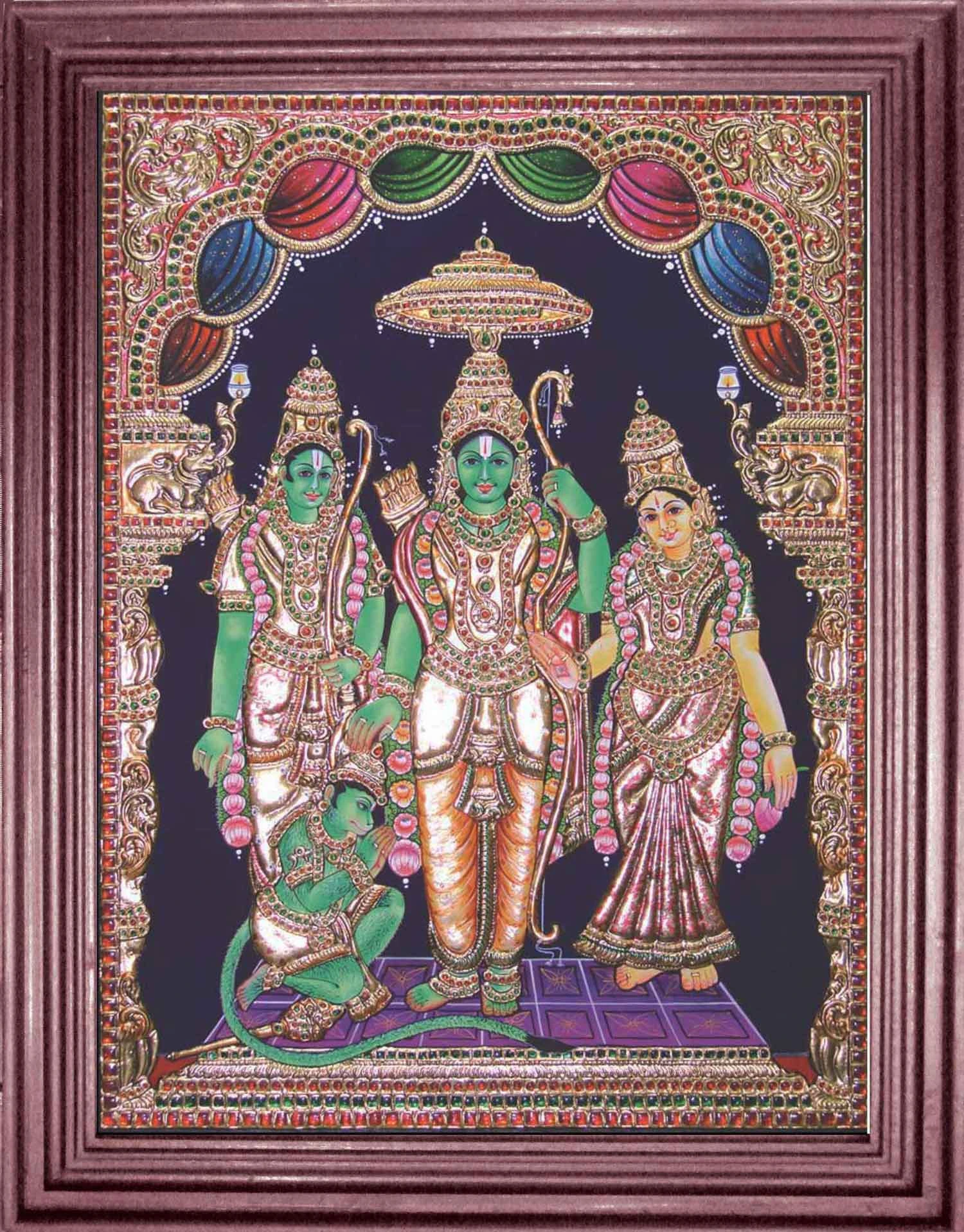 Antique embossed ram parivar tanjore painting